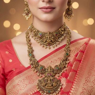 Antique Temple Lakshmi Long and Short neckpiece with earrings (Combo).