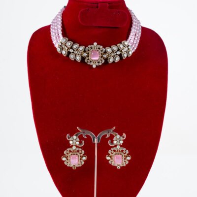 TT1001:27 - Multi-strand Pearl Choker with a Bold Kundan Centrepiece with Earrings.