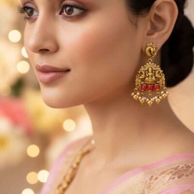 Antique premium-finish temple coral necklace with earrings