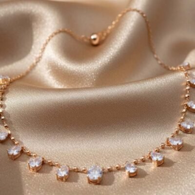 Rose Gold-Tone Sparkling Heart and Round Stone Chain