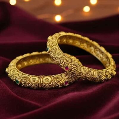 Antique Floral Kada Bangle with Ruby and Emerald Accents