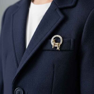 Majestic Leopard Brooch with Baguette-Cut Stone Halo