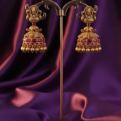 Traditional Antique Lakshmi Jhumka Earrings with Ruby Accents