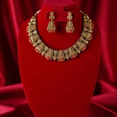 Antique Coral Red Temple Deity Choker Necklace Set