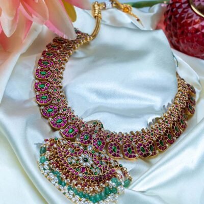 Regal Ruby, Emerald, and Pearl Stone-Studded Bridal Necklace