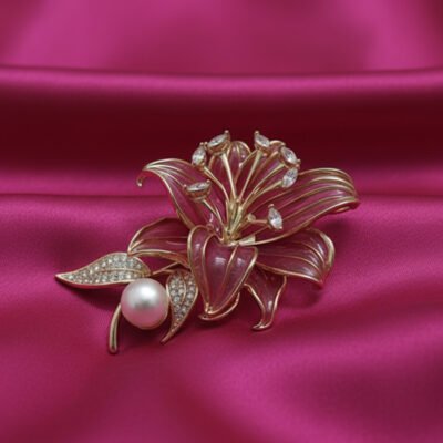Luminous Pink Enamel Lily Brooch with Pearl and Crystals