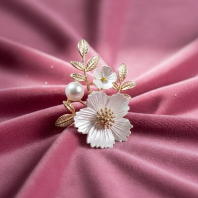 Elegant White Enamel Flower and Pearl Brooch