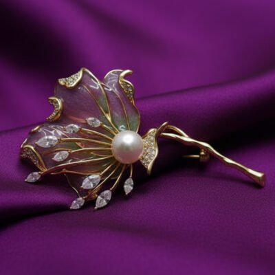 Shimmering Enamel Flower Brooch with Pearl and Marquise Crystals