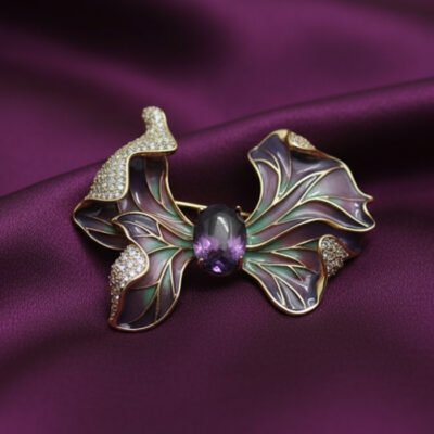 Stunning Enamel Iris Flower Brooch with Amethyst Center