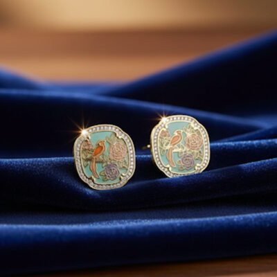 Exotic Bird and Floral Enamel Stud Earrings with Crystal Halo