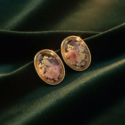 Delicate Pressed Flower Resin Oval Stud Earrings