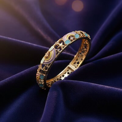 Ornate Gold-Tone Bangle with Turquoise and Enamel Accents